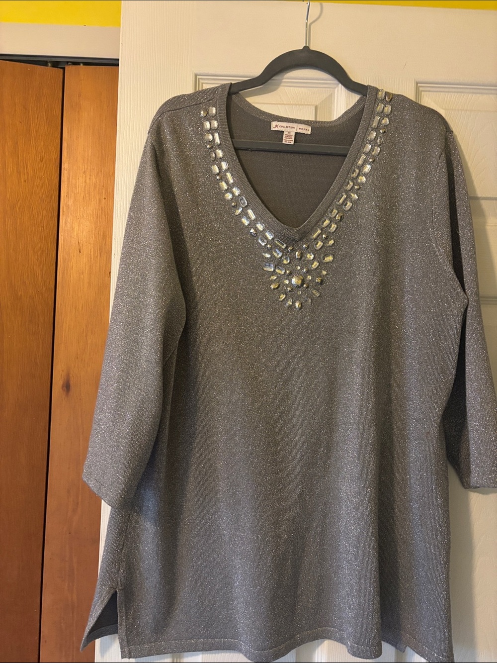 Jacqueline Ferrar Silver Sparkle V-Neck Tunic with Gem Embellishments